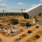 A CCTV camera overlooking a large UK construction site during a sunny summer day.