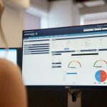 Salestracker CRM dashboard showing live sales metrics, lead analysis, and user interaction in a trade office environment.