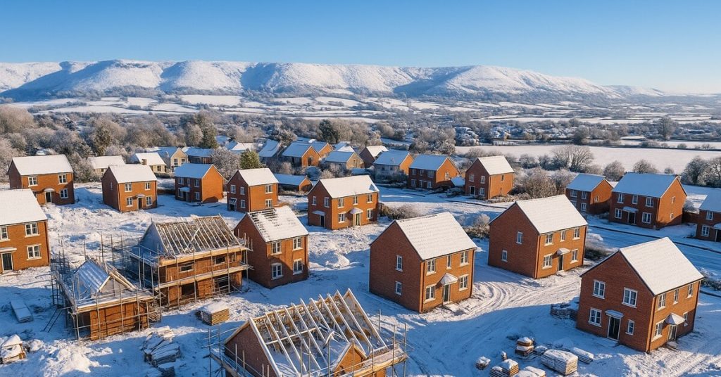Aerial image of a UK housing estate under construction covered in snow, illustrating the impact of climate change and construction site safety risks during winter with the Mendip Hills in the background.