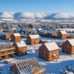 Aerial image of a UK housing estate under construction covered in snow, illustrating the impact of climate change and construction site safety risks during winter with the Mendip Hills in the background.