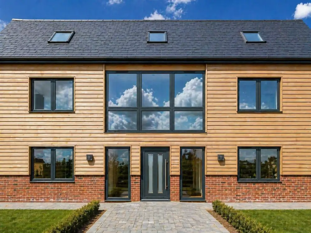 Aluminium windows trade supplier installation on modern UK timber clad house with black framed windows