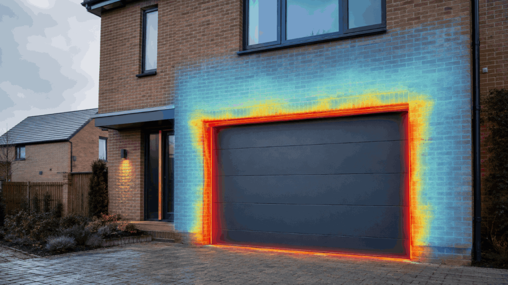 Thermal heat loss shown around an integral garage door on a modern UK home.