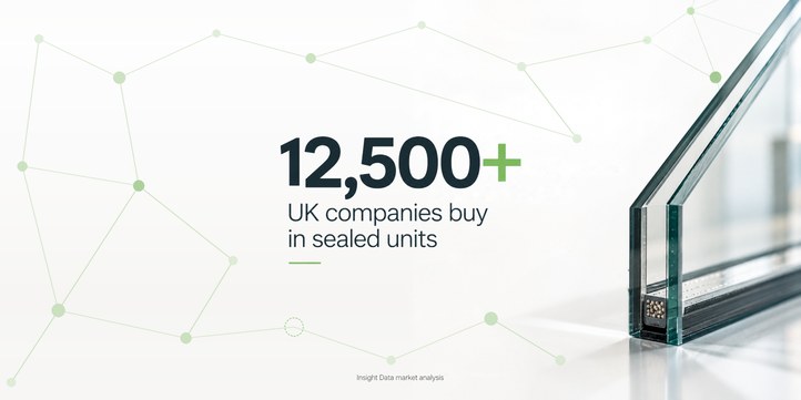Graphic showing 12,500+ UK companies buy in sealed units, beside a cross-section of an insulated glass unit