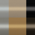 Grid of six metallic powder coating swatches, from silver and gold tones to black and dark bronze