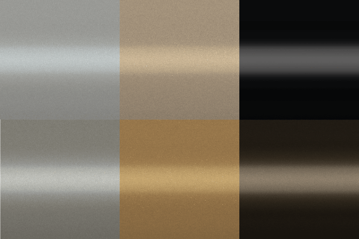 Grid of six metallic powder coating swatches, from silver and gold tones to black and dark bronze